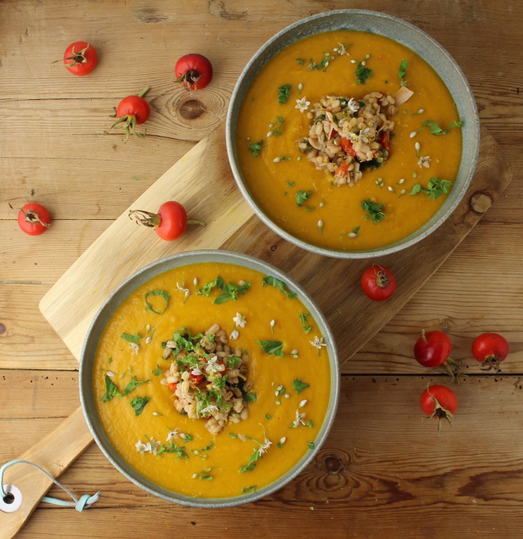 Orange, varmende suppe med topping af perlebyg, hyben, grønkål og chili - Vegansk opskrift - Mad med glød